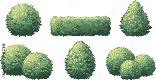 Bush and hedge illustration set, cartoon garden elements, green foliage shapes, landscaping clipart, outdoor plant icons, vector shrub pack, editable graphics