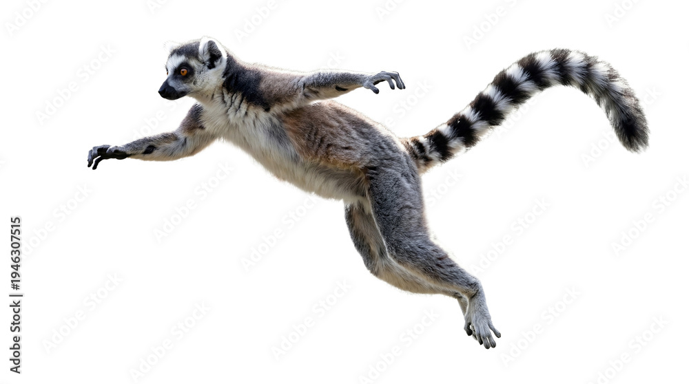 Obraz premium Ring tailed lemur jumping isolated on transparent background – exotic primate animal in motion