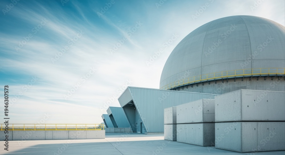 Fototapeta premium Nuclear Power Plant Exterior with Dome Structure and Concrete Blocks on a Sunny Day