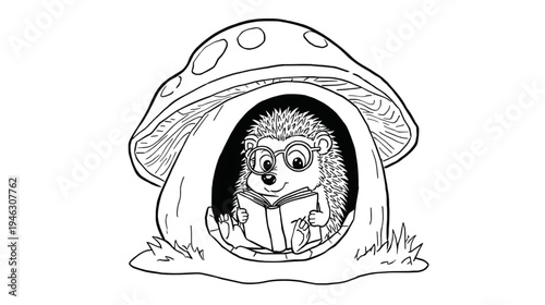Hedgehog Wearing Glasses Reading a Book Under a Large Mushroom in a Charming Illustration