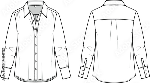 Women's formal long sleeve button down shirt vector illustration technical sketch with front and back view for fashion design.