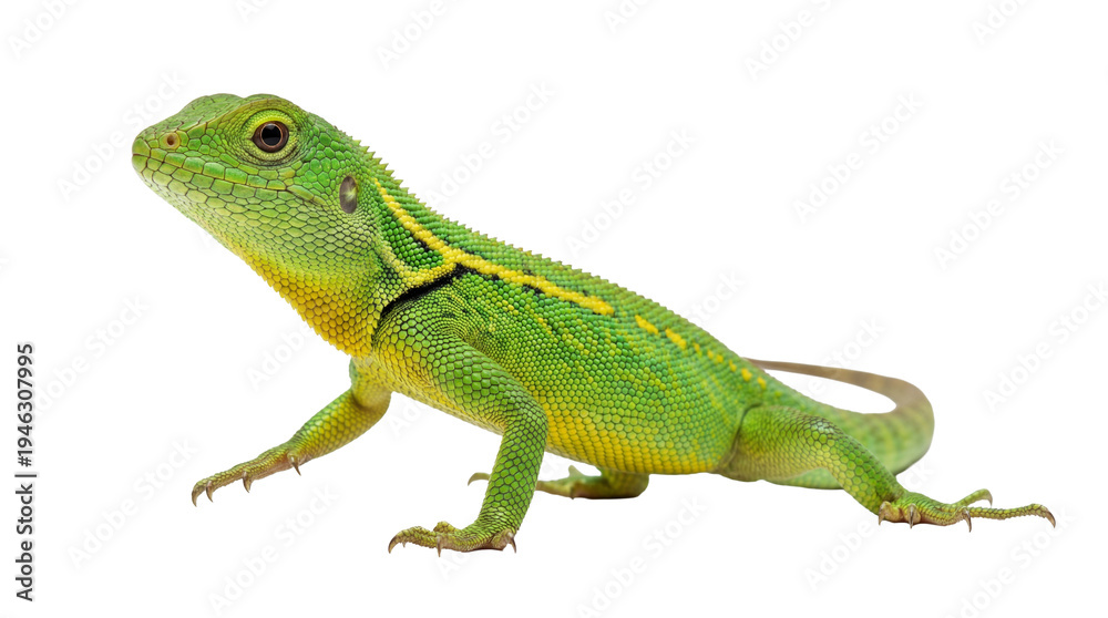 Obraz premium A detailed photograph of a vibrant green agamid lizard, featuring prominent yellow markings.