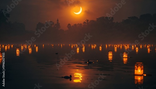 Magical night scene with traditional glowing lanterns floating over a calm lake near a cozy house.