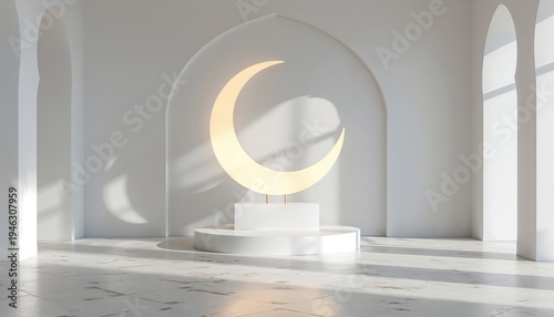 Minimalist white crescent moon with intricate glowing patterns and floating sparkles on a clean background.