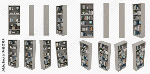 Multiple views of a modern tall wooden bookcase with various decorative objects and books on shelves, isolated on a transparent background.