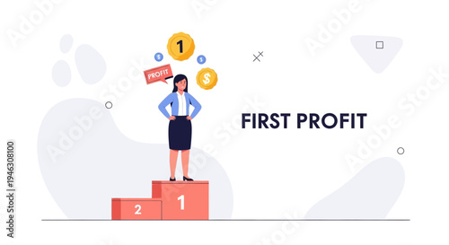 Woman on Podium Celebrating First Profit with Coins and Money Symbol