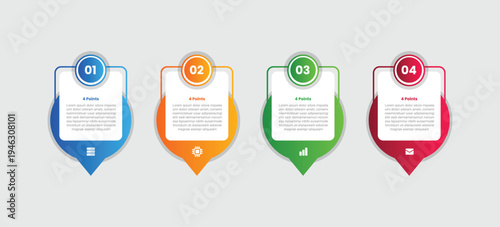 4 points infographic with gradient style with round square box with callout maps location marker with circle badge on top with 4 elements stages