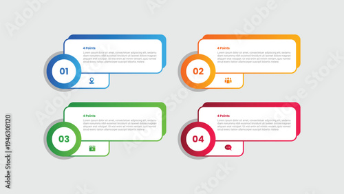 Photos 4 points infographic with gradient style with round rectangle box with circle ba