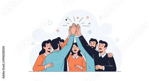 Teamwork high five, diverse group celebrating success, unity, collaboration, achievement