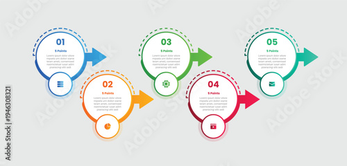 5 points infographic with gradient style with big circle with arrow and dotted line up and down wave position with 5 elements stages