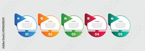 5 points infographic with gradient style with big circle cut on bottom with sharp triangle badge with 5 elements stages