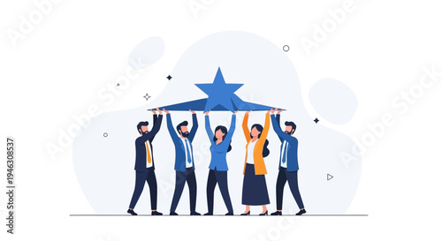 Teamwork success: Diverse people holding a large blue star, symbolizing achievement and collaboration.