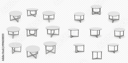 Set of round coffee tables with white tops and metal legs in various designs, isolated on transparent background.