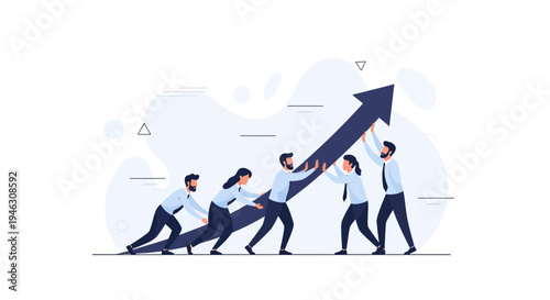 Teamwork pushing upward arrow, business growth concept, collaboration, success, strategy