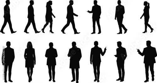 Business people silhouettes, corporate team vector, black professional icons, office staff figures, formal suit poses, business attire illustration, teamwork design elements