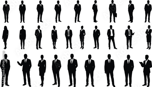 Business people silhouettes, corporate team vector, black professional icons, office staff figures, formal suit poses, business attire illustration, teamwork design elements