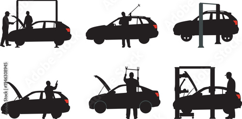 Car mechanic repairing vehicle, auto repair service, garage workshop, car maintenance, mechanical tools, automobile fixing, vehicle inspection, professional automotive service