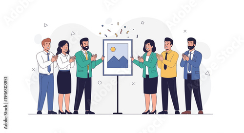 Business team applauds new artwork unveiling at corporate event, celebration concept