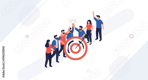 Teamwork success, business people celebrating goal achievement with high fives and target icon
