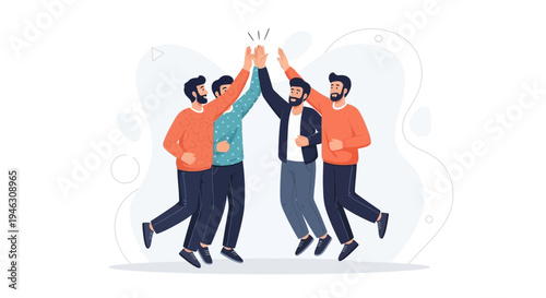 Teamwork High Five Celebration: Diverse Men Cheering Success Together