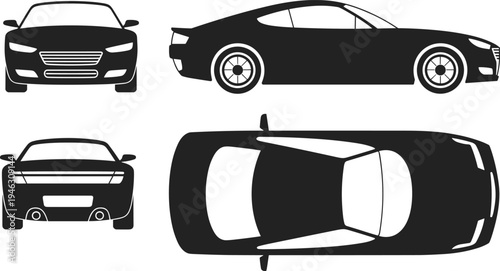 Car silhouette vector set with front, rear, side, top view, black sports car illustration, automotive design, vehicle outline drawing