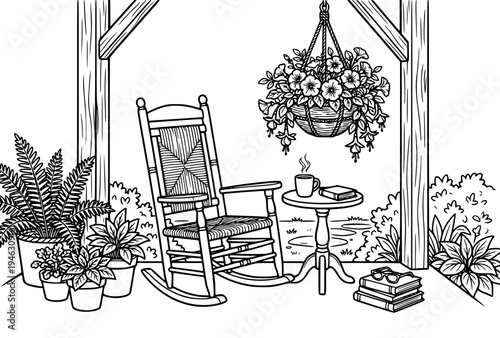 Cozy porch chair with hanging flower basket