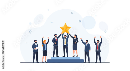 Team celebrating success holding a golden star award on a pedestal, business achievement concept