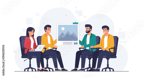 Team meeting, brainstorming, presenting ideas, collaboration, creative process, business people