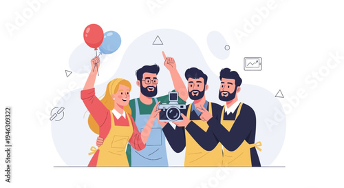 Team taking a selfie with camera and balloons, celebrating success