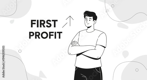 Man with arms crossed, looking up, with "First Profit" text and upward arrow graphic.