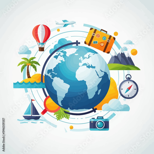 World Travel Collage: Globe, Suitcase, Hot Air Balloon, Plane, Sailboat, Camera, Mountains