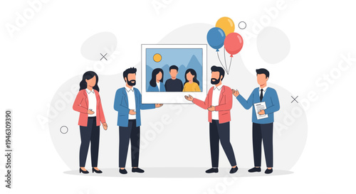 Team presenting a family photo with balloons, celebrating success and teamwork.