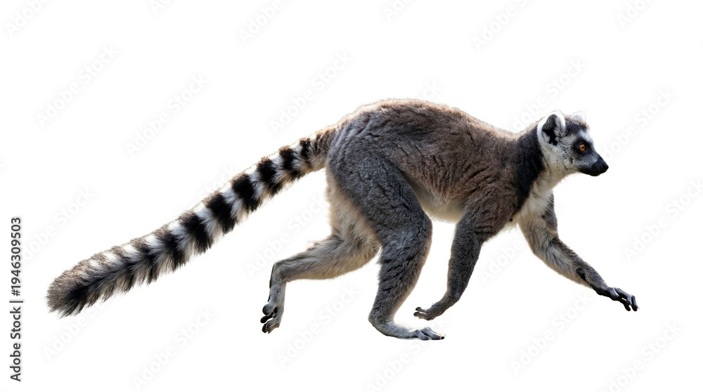 Obraz premium Ring tailed lemur running isolated on transparent background – wild primate with long striped tail from Madagascar