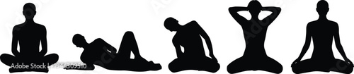 yoga poses silhouette set with meditation stretching and relaxation positions isolated black human figure vector illustration collection