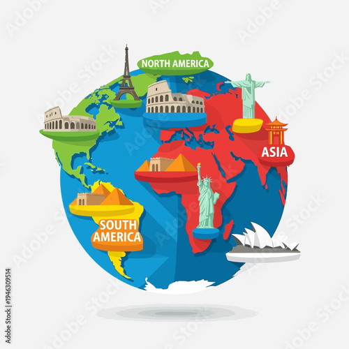 World Travel Destinations: Famous Landmarks on a Globe