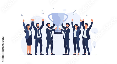 Business team celebrating victory holding a trophy, teamwork success, achievement concept