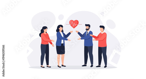 Diverse team collaborating on health and wellness initiative with heart symbol