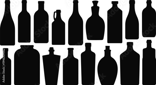 glass bottle silhouette set with wine liquor beer and vintage containers isolated black bottle shapes vector illustration collection
