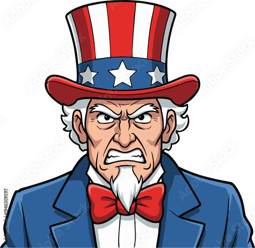 Uncle Sam Cartoon Illustration with Angry Expression Representing American Patriotism
