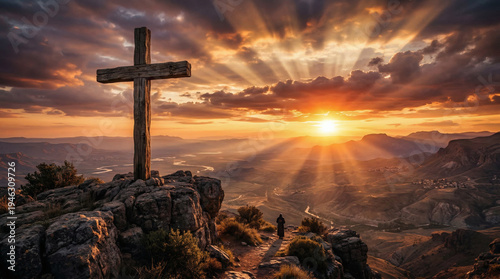Cross on mountaintop with sunshine, perfect for religious templates, easter designs, spiritual backgrounds, christianthemed content, or inspirational projects.