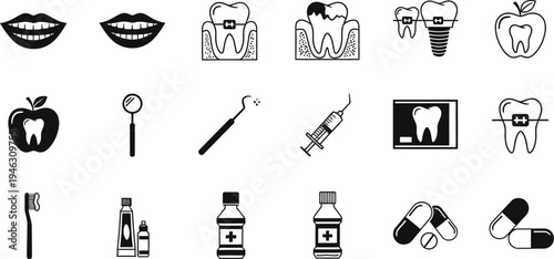 Collection of black and white line icons illustrates various dental health procedures and oral care products for medical use.