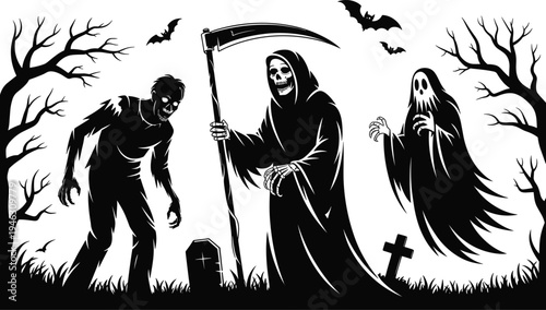Halloween graveyard silhouette scene with grim reaper zombie ghost bats and spooky trees horror cemetery vector illustration design