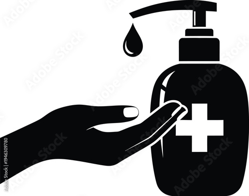 Black silhouette depicts a hand receiving liquid from a sanitizer dispenser marked with a medical cross symbol.