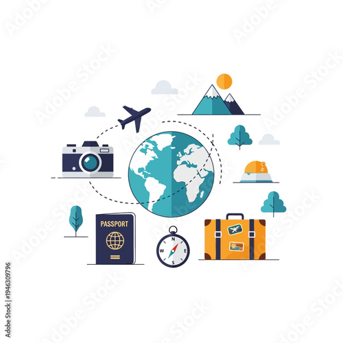Travel and Adventure Concept: Globe, Airplane, Passport, Camera, Suitcase, Compass, Mountains