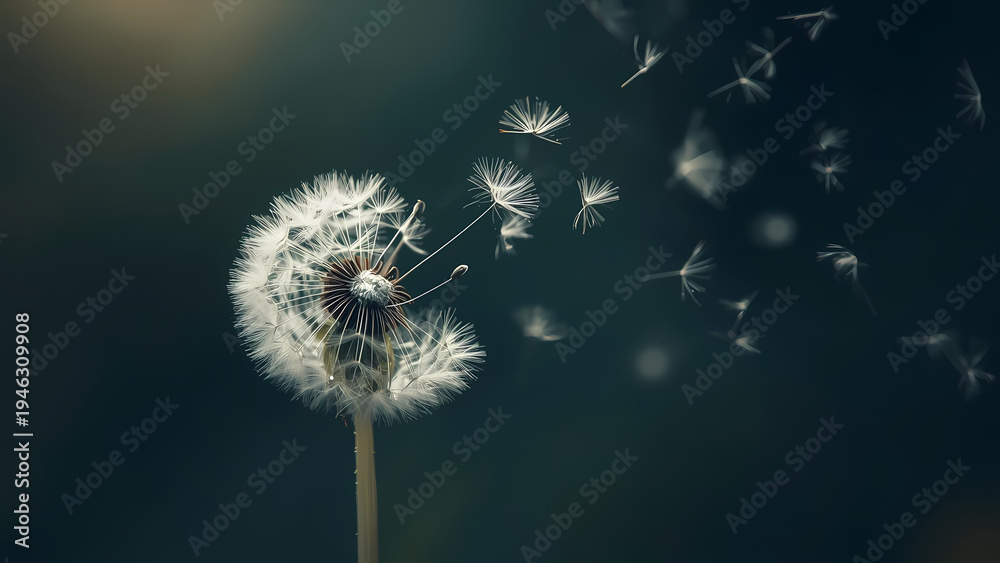 Obraz premium Lonely dandelion with flying seeds in the wind. Symbol of sadness, grief, solitude and fleeting life. Poetic and emotional nature background for loss, mourning and farewell themes