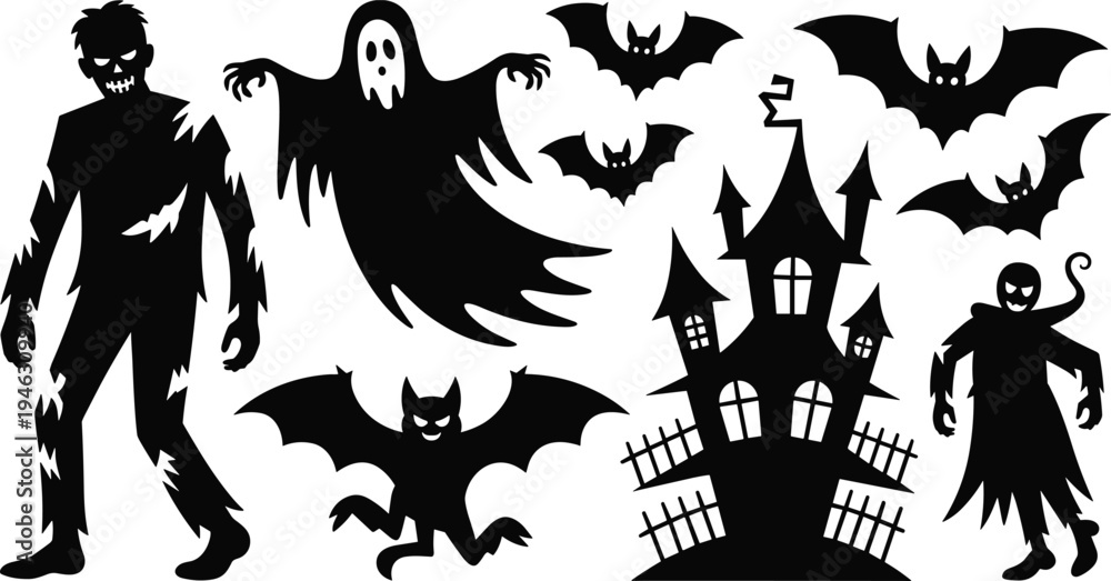 Fototapeta premium Halloween horror silhouette set zombie ghost bats haunted house and spooky monster characters black scary vector illustration collection