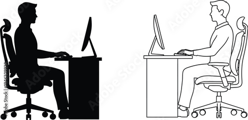 Man sits at a desk using a computer with correct ergonomic posture shown in both silhouette and outline formats.
