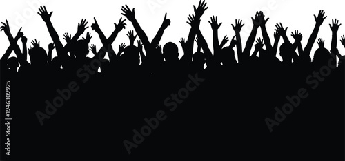 Crowd of cheering people raising hands in celebration, silhouette illustration of happy audience at concert, festival, or public event.