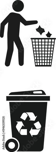 Stick figure person throws litter into a wire mesh waste basket alongside a wheeled recycling bin graphic.