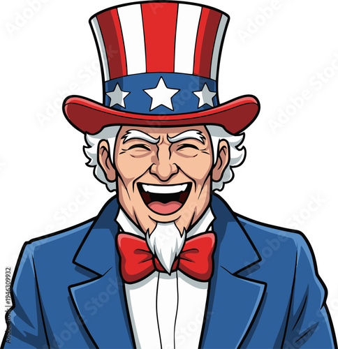 Uncle Sam Character Laughing with American Flag Hat and Bow Tie Representing Patriotism and Freedom